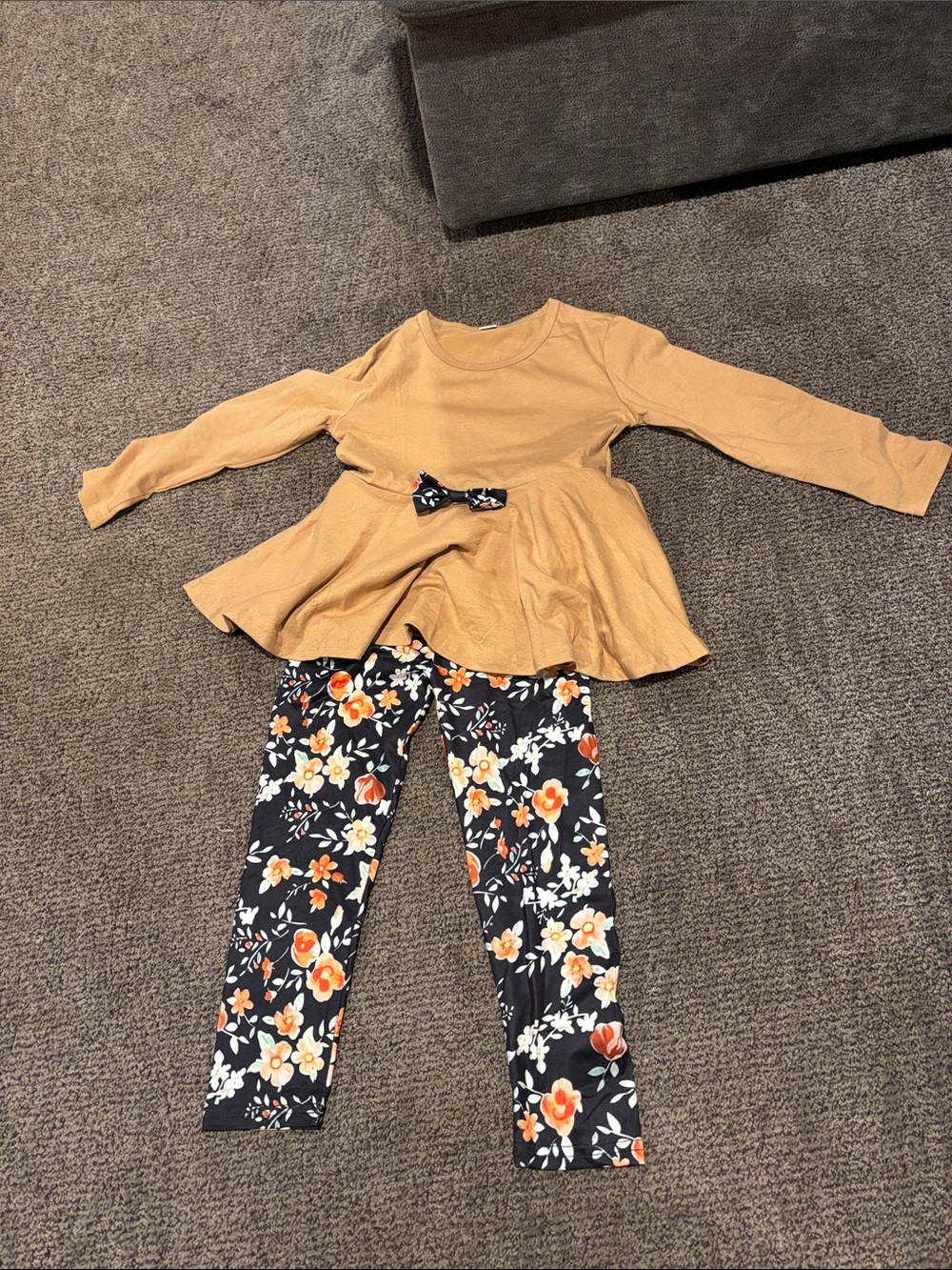Girls Mustard Peplum Top with Navy Floral Leggings Set